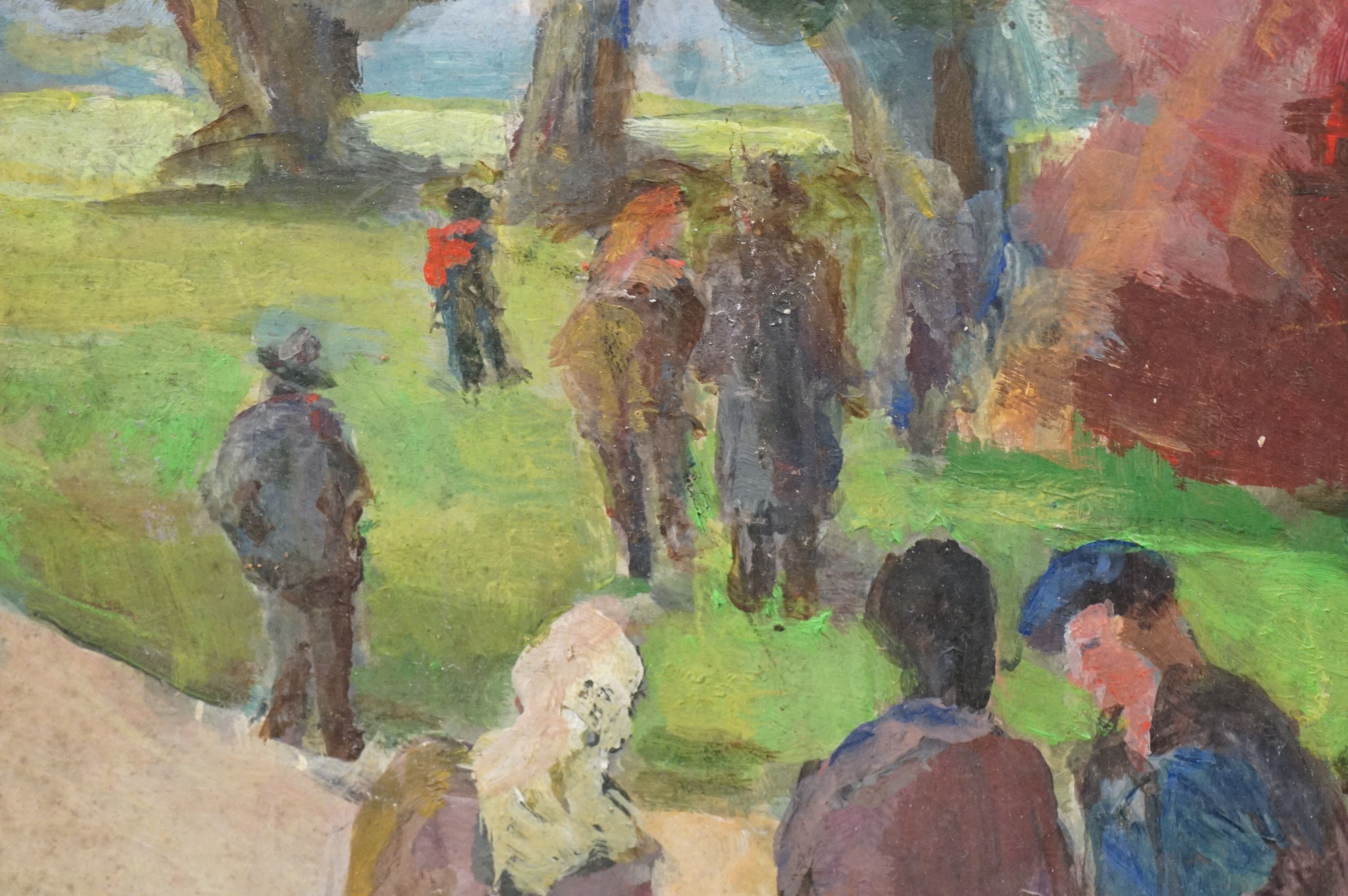 Mid 20th century oil on board, figures in a parkland setting, approx. 55cm x 76cm - Image 6 of 6