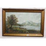 19th century Oil Painting on Canvas of a Lakeside Scene with Mountains to the background and