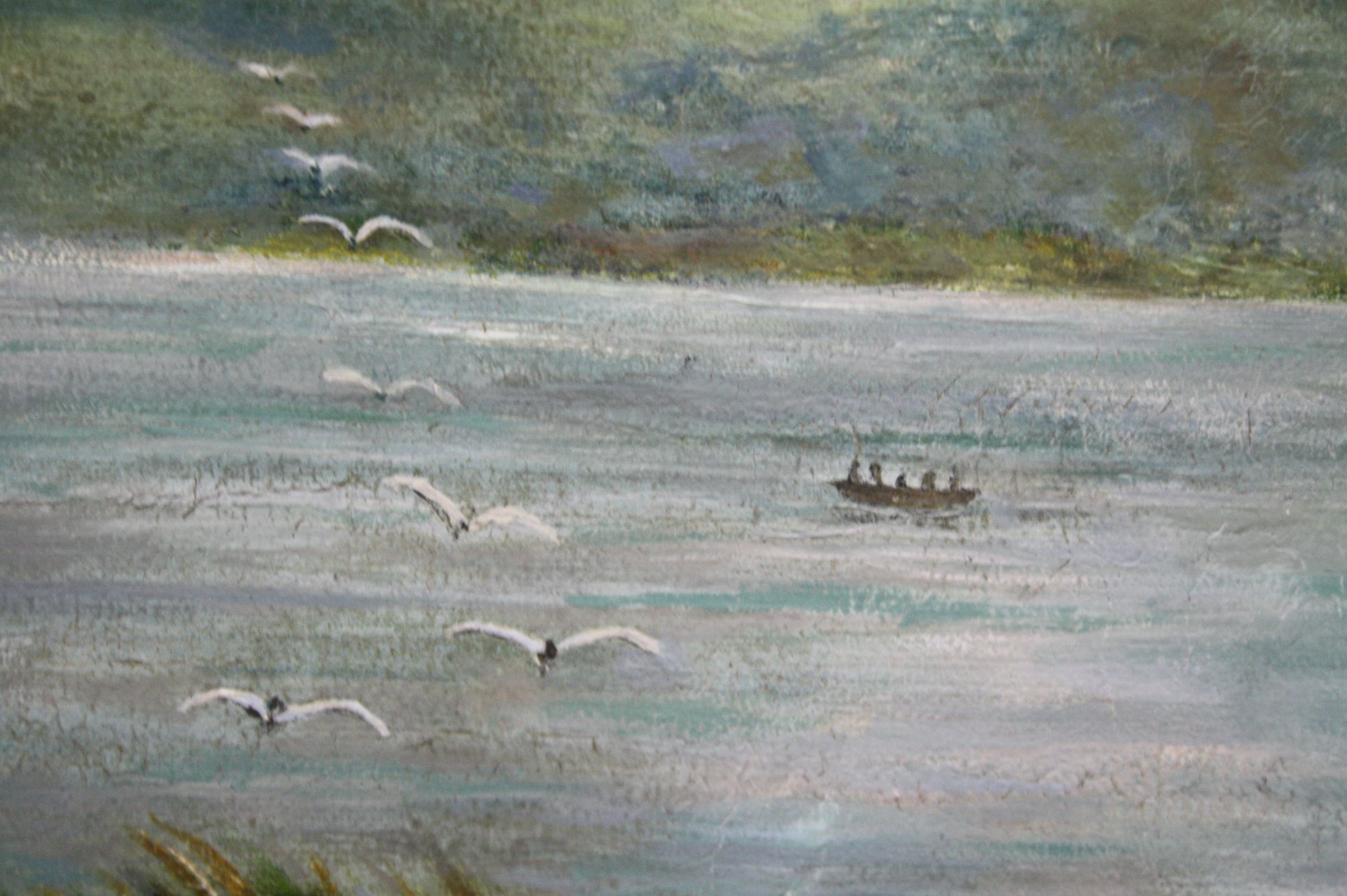 19th century Oil Painting on Canvas of a Lakeside Scene with Mountains to the background and - Image 3 of 4