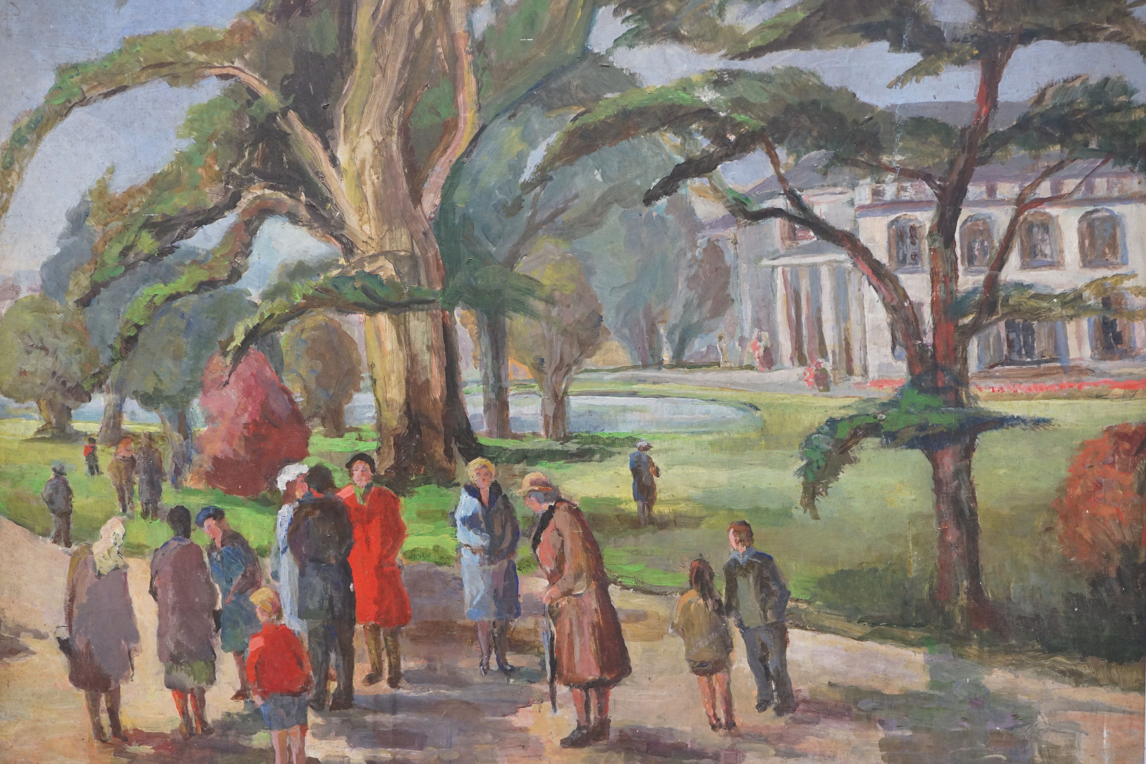 Mid 20th century oil on board, figures in a parkland setting, approx. 55cm x 76cm - Image 2 of 6