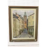 Oil Painting on Canvas of a Street Scene with Clock Tower, indistinctly signed lower right ' Jalhist