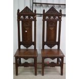 Pair of Late 19th / Early 20th century Gothic Revival Carved Oak High Back Hall Chairs, 149cms