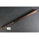 19th century Turned Wooden Truncheon with ringed handle and etched 'S C ', 45cms long