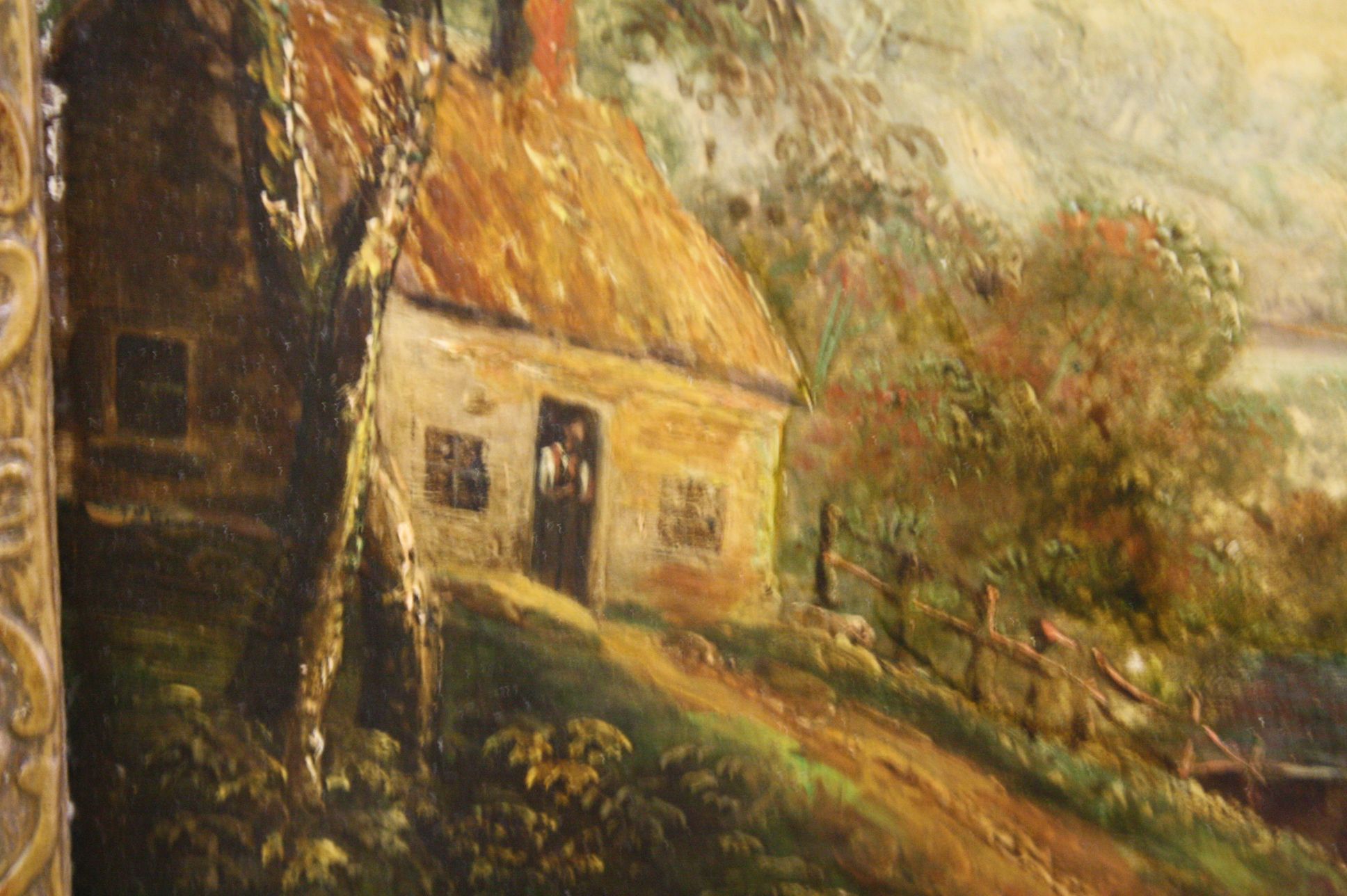 19th century Oil Painting on Board of a Country Scene and a traveller walking with a stick and - Image 2 of 5