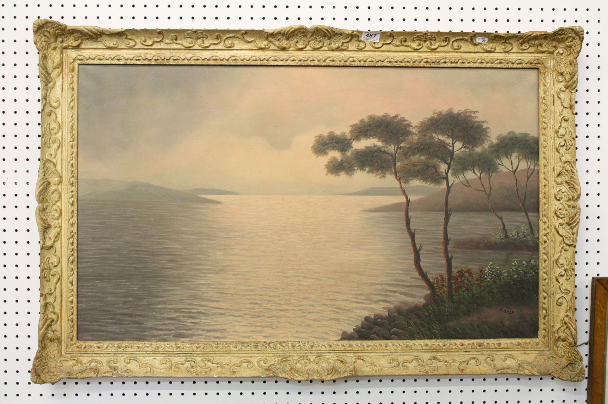 Oil on canvas, a large continental coastal scene in a swept frame, approx. 58cm x 99cm, Harrods