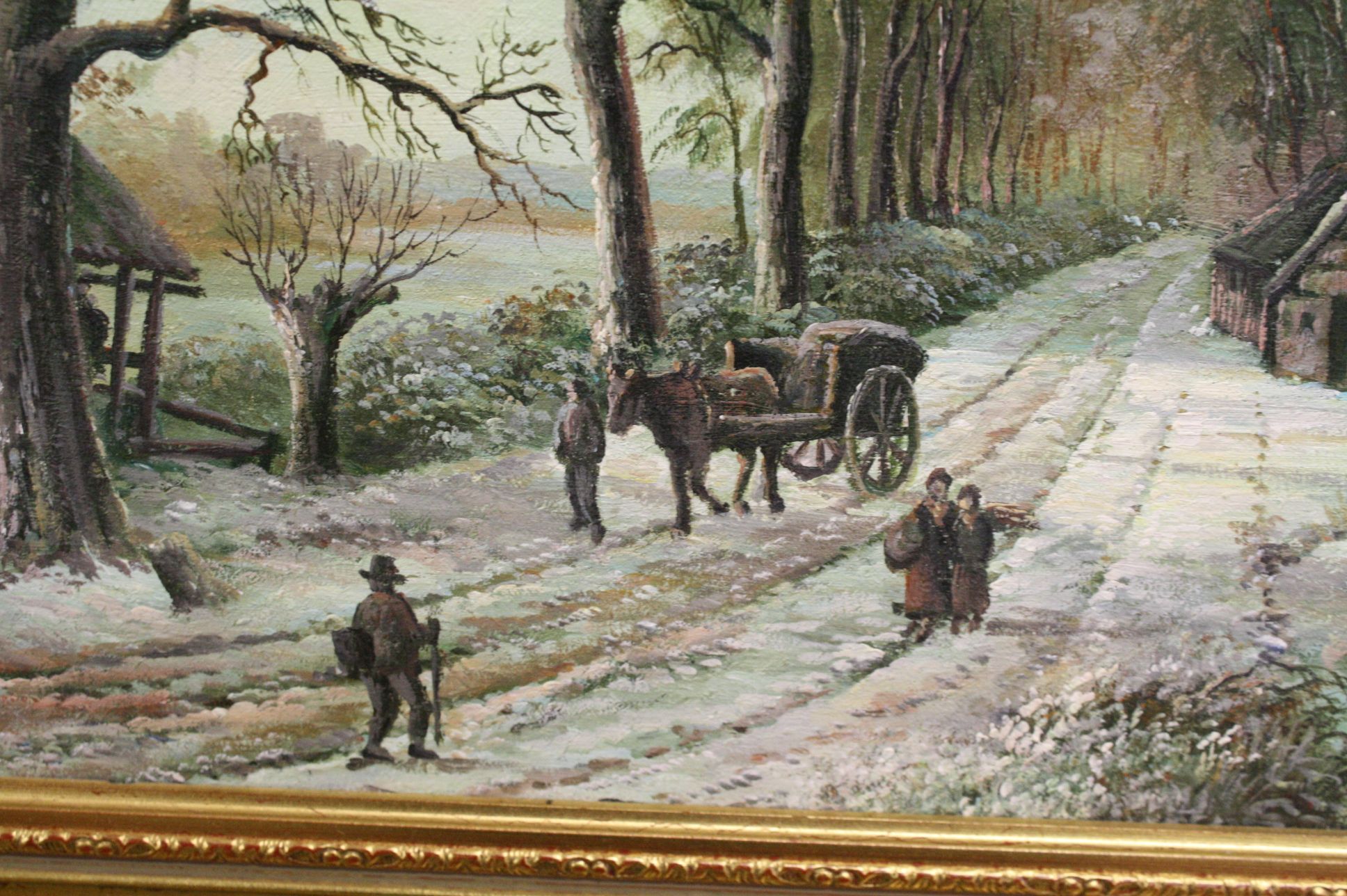 Oil Painting on Canvas depicting a Rural Winter Scene with figure and a horse and cart beside a - Image 2 of 4