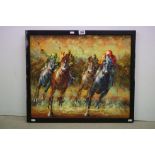 Contemporary Oil Painting on Canvas of Racing Horses and Jockeys, signed, 60cms x 50cms, framed