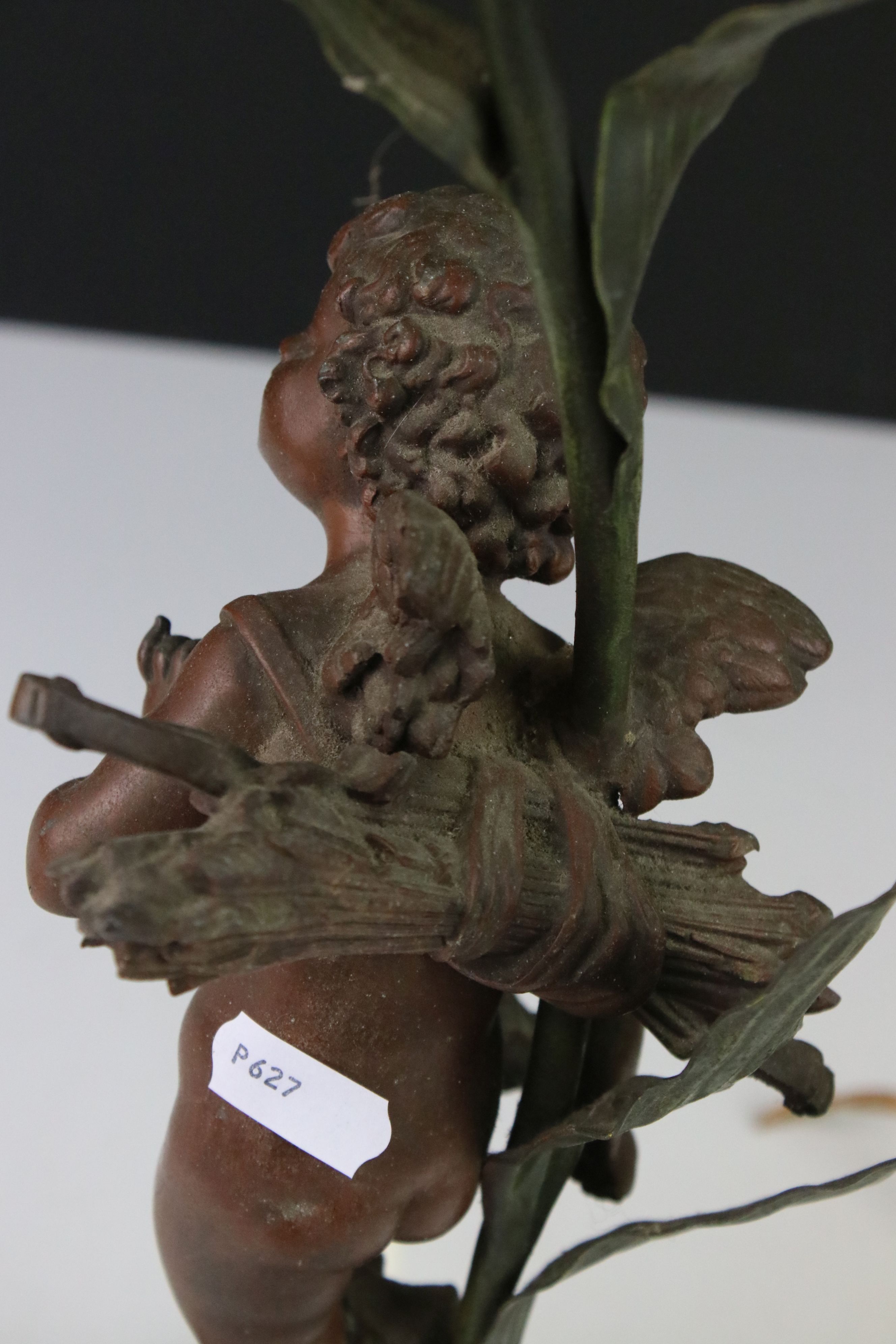 An early 20th century cast lamp in the form of a flower and cherub. - Image 4 of 7