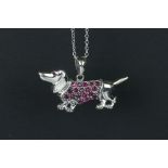 Silver dachshund dog pendant with ruby dog coat