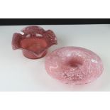 Vasart Swirl Pink Glass Bowl with wavy edge and gold adventurine inclusions, 20cms diameter together