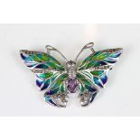 Large silver and plique-a-jour butterfly brooch with amethyst body