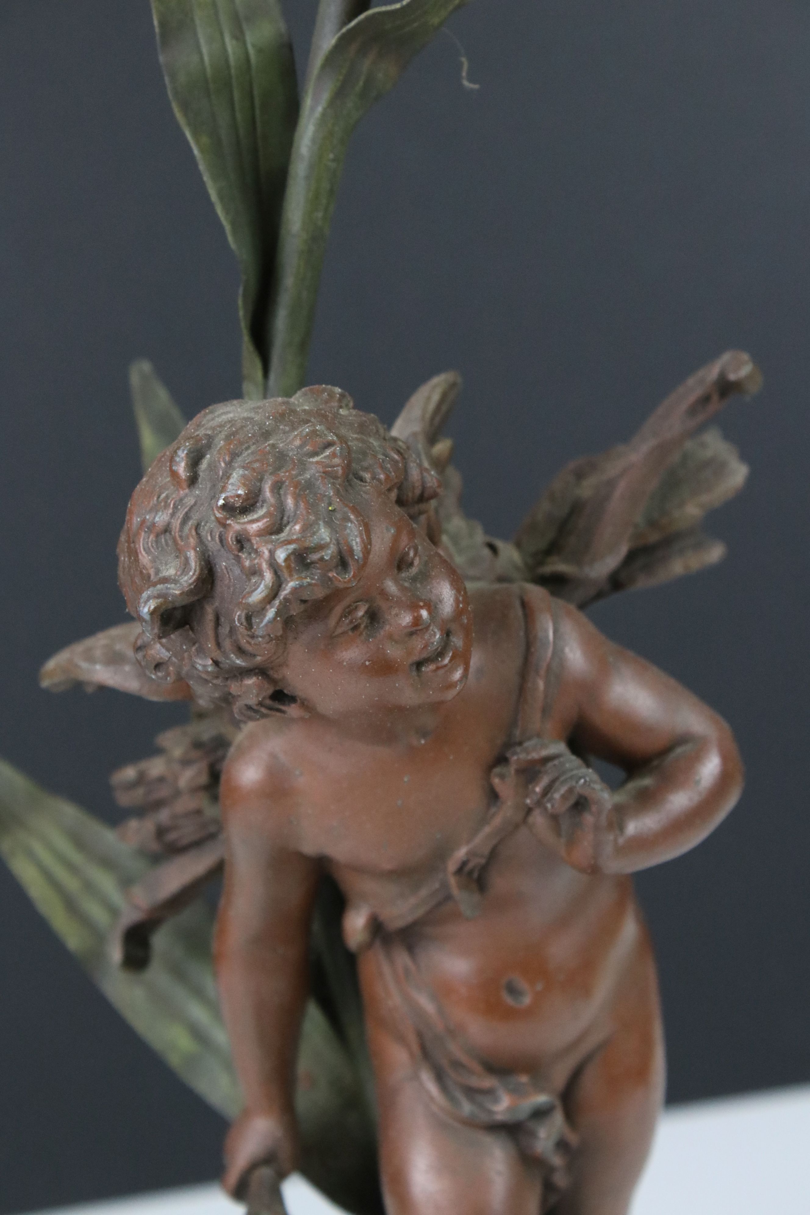 An early 20th century cast lamp in the form of a flower and cherub. - Image 2 of 7