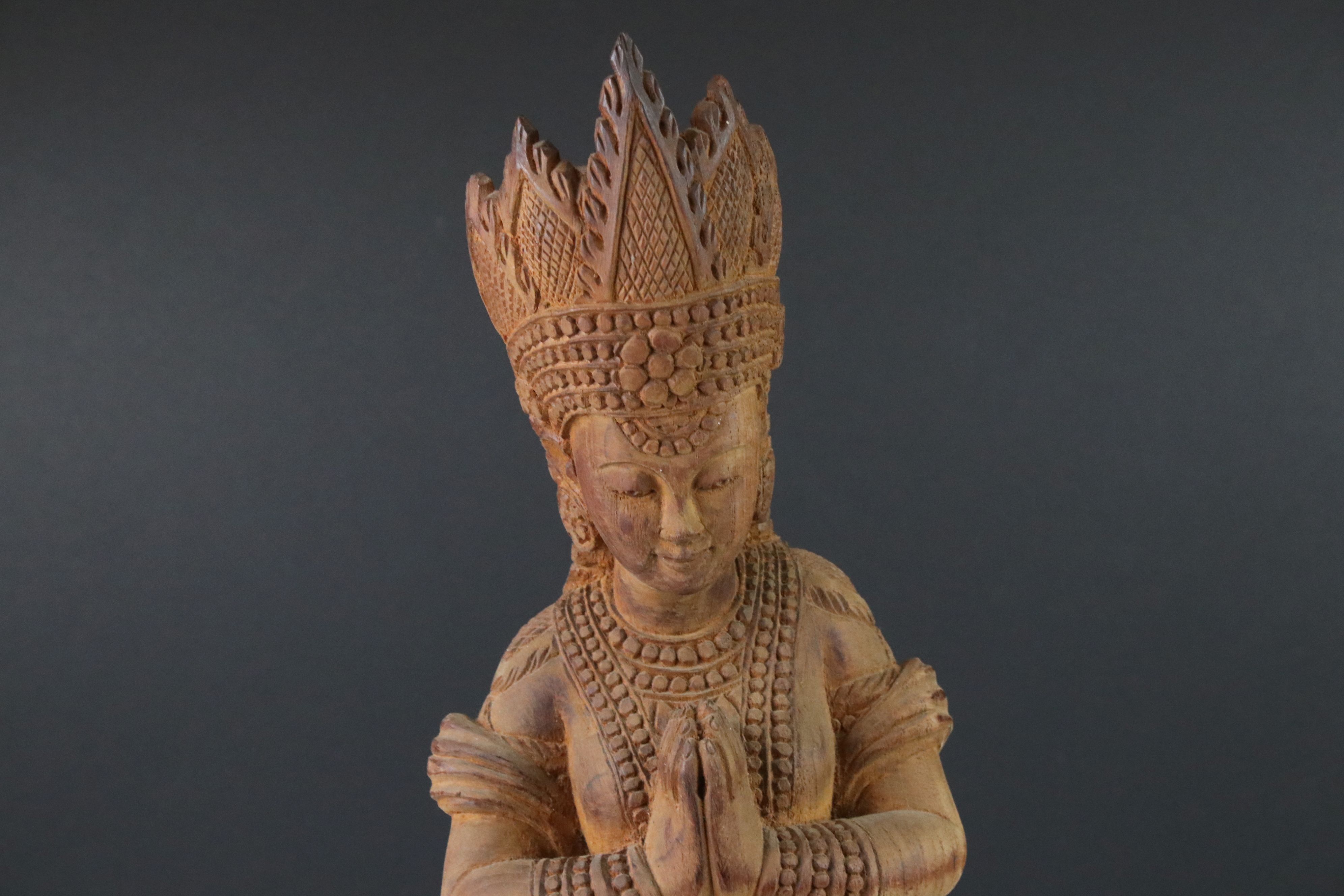 Burmese Wooden Carved Figure of a Royal Lady wearing a Crown, 51cms high - Image 2 of 5