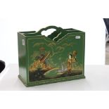 Green Lacquered Two Section Magazine Rack with Chinoiserie decoration, 31cms wide x 28cms high