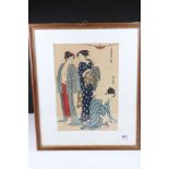 Torii Kiyonaga (1752-1815) Signed Japanese Woodblock, portrait of Geishas after bathing