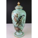 Victorian Pale Green Opaque Glass Lidded Urn with hand painted enamelled decoration of two birds sat