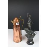 An Art Nouveau Jugendstil copper and brass coffee pot together with a spelter statue.