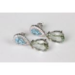 Pair of silver, CZ & large pear shaped aquamarine earrings