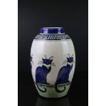 Large Longwy Art Deco style vase, over decorated with cats