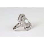 Silver and CZ Art Deco style ring with central opal panel