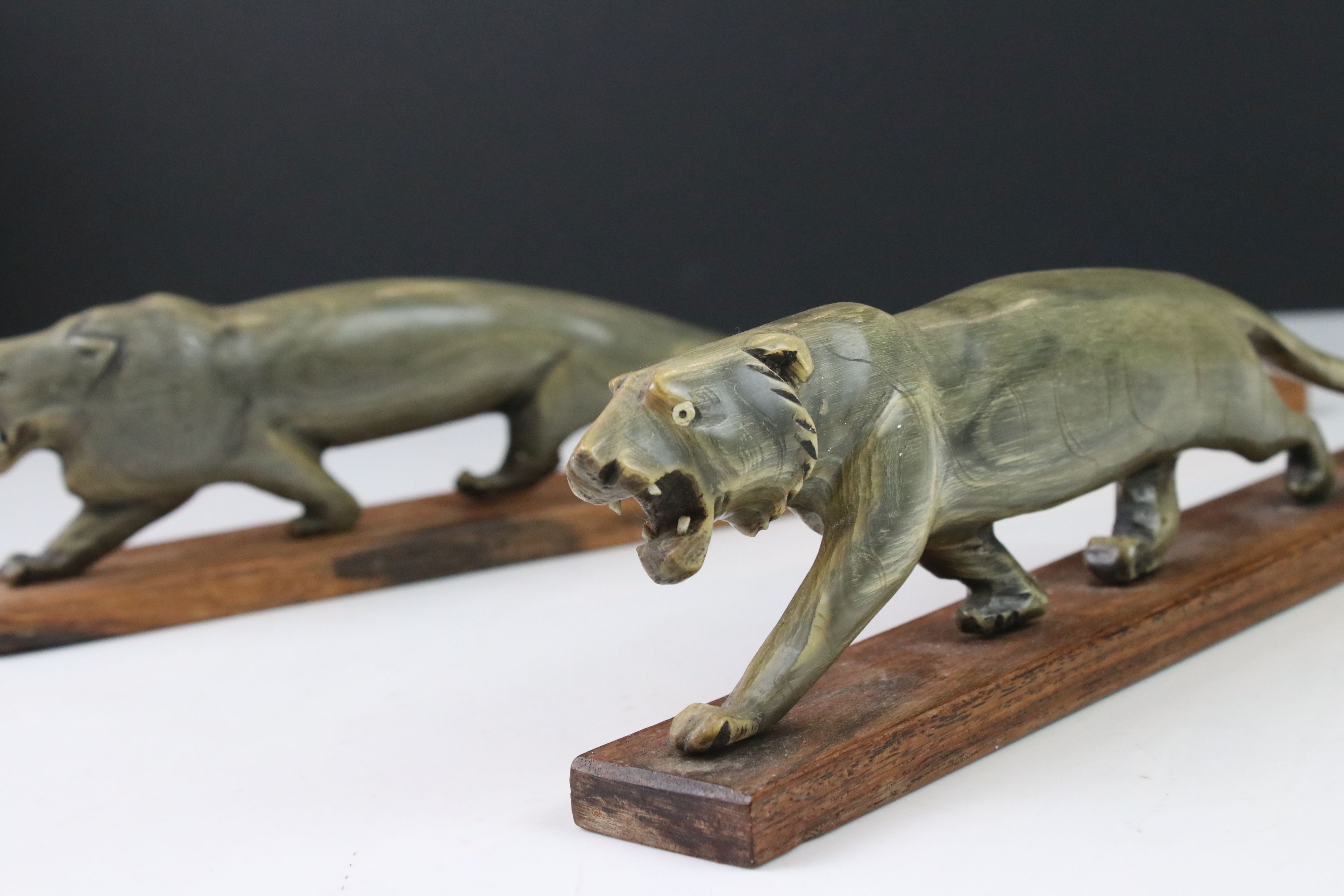 A pair of Art Deco carved horn tigers mounted to wooden bases. - Image 2 of 7