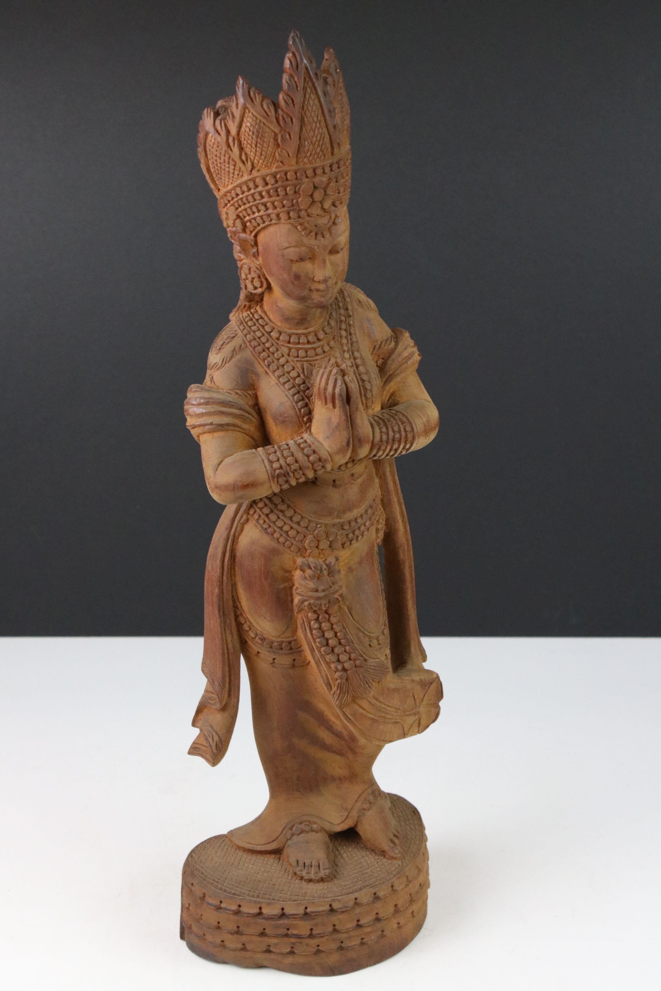 Burmese Wooden Carved Figure of a Royal Lady wearing a Crown, 51cms high