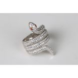 Silver and CZ set snake ring with ruby eyes
