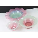 Vasart Glass Shallow Bowl with green centre and pink swirling frilled rim, marked to base, 28cms