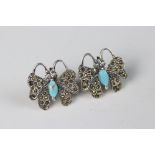 Pair of silver and marcasite butterfly earrings set with turquoise