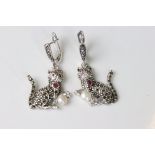 Pair of unusual silver cat earrings, set with marcasites & rubies