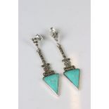 Pair of silver Art Deco style earrings set with turquoise and marcasites