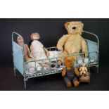 Chad Valley Stuffed Teddy Bear together with Four other Dolls and Teddies plus Blue Painted