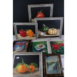 Eight Oil Paintings on Board, mostly still life's of vegetables/fruits or flowers, largest 29cm x