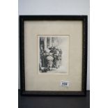 After Rembrandt, etching with text in pencil, beggars receiving alms from elderly gentleman