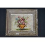 J Delage, Oil on Board of Still Life Flowers in a Vase, 25cm x 19cm, framed