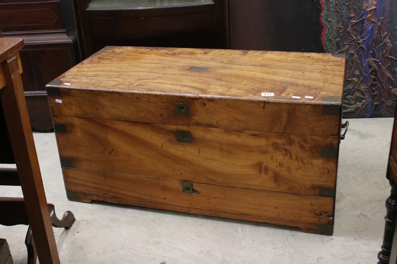 19th century Camphorwood and Brass Bound Blanket Chest with Brass Carrying Handles, 100cms long x
