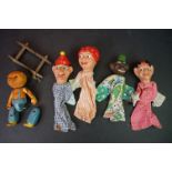 Luntoy Diecast ' Sooty ' Articulated Puppet together with Four Mid century ' Mr Punch ' Hand Puppets