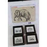 Four Miniature Black and White Etchings signed in pencil to margins, 4cm x 4cm, framed and glazed