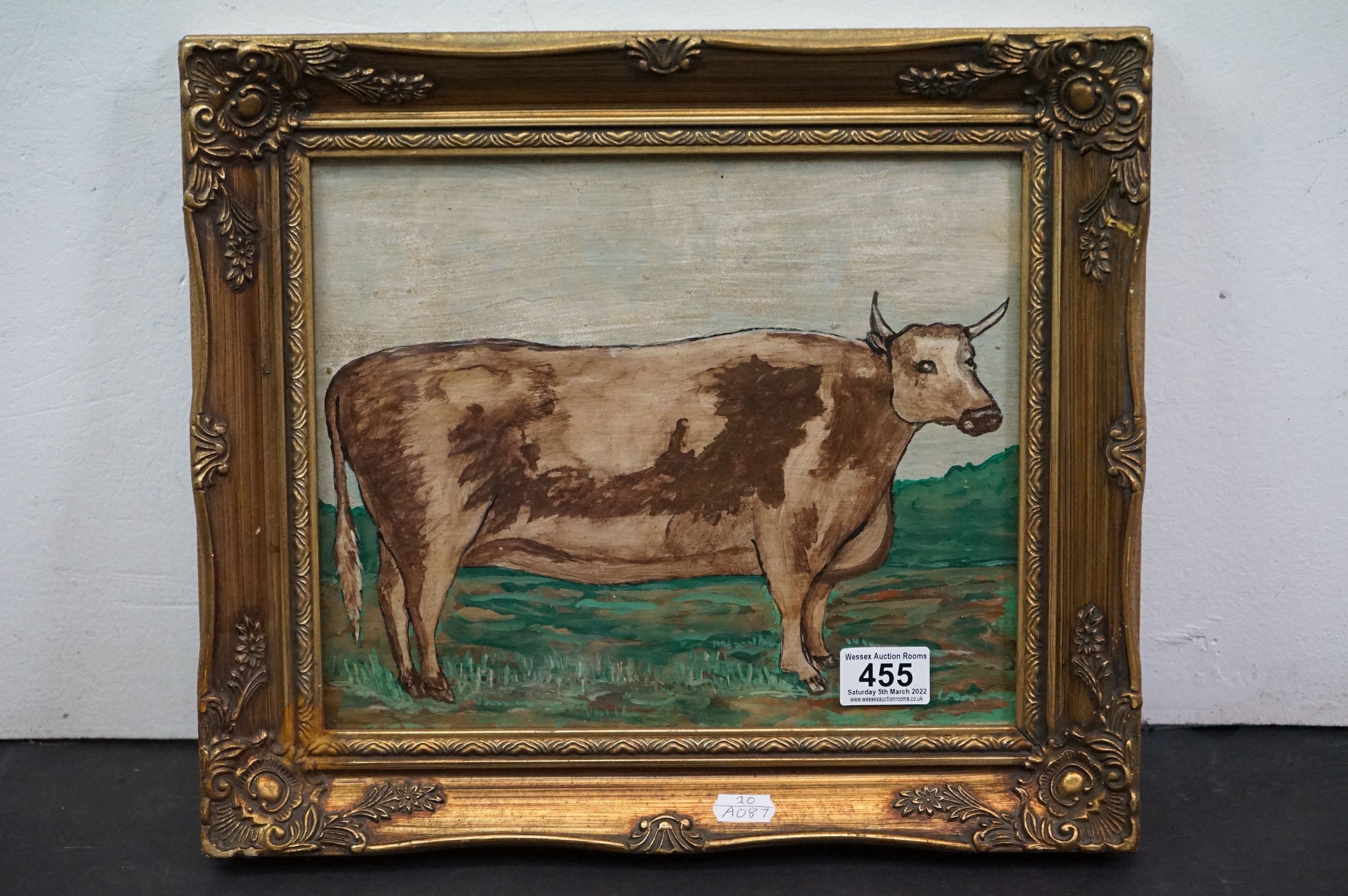 Oil painting of a bull in a landscape setting, 29cm x 24cm, framed and glazed