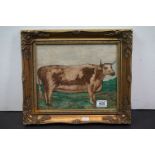 Oil painting of a bull in a landscape setting, 29cm x 24cm, framed and glazed