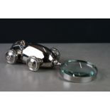 Substantial silver plated magnifying glass in the form of a vintage car