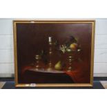 Josef Molnar (Hungarian 20th century) Oil Painting on Board Still Life of Fruits, Goblets and