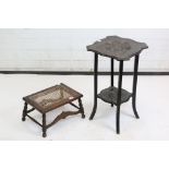 Early 20th century Two Tier Ebonised Carved Table, 67cm high together with an Oak Footstool with