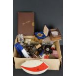 A box of mixed collectables to include snuff box, medallions, pin cushion, thimbles ... etc.