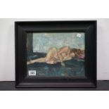 Vintage oil painting on board of a reclining nude, unsigned, 30cm x 23cm, framed and glazed