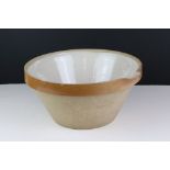 Large French Glazed Dairy Bowl with pouring lip, impressed mark to rim ' 11 ', 33cms diameter