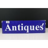 Enamel Blue Ground Sign ' Antiques ', 50cm x 15cm