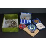 A group of mixed collectables to include enamel badges, RAC car badge and a quantity of jewellery.