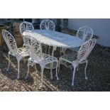 Ornate White Metal Garden Table, 136cm x 92cm x 74cm high together with Six White Metal Garden