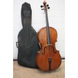 A 19th century cello, two piece back, back measures approx 75.5cm, soundpost has collapsed, in need